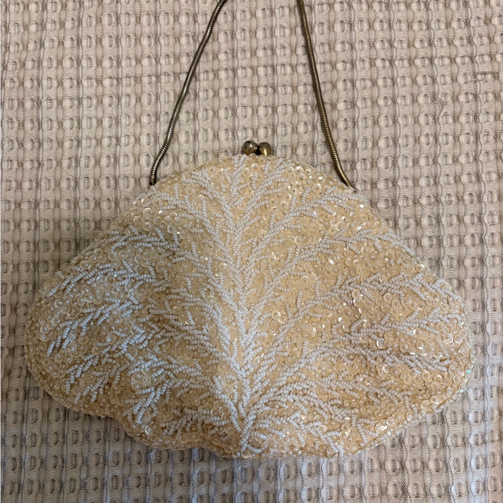 Vintage Cream and White Beaded Evening Clutch with Chain